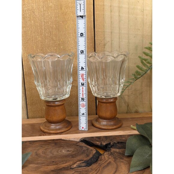 Vintage Glass Candle Holders With Wooden Bases - Elegant Scalloped Design - Perf - Picture 5 of 10